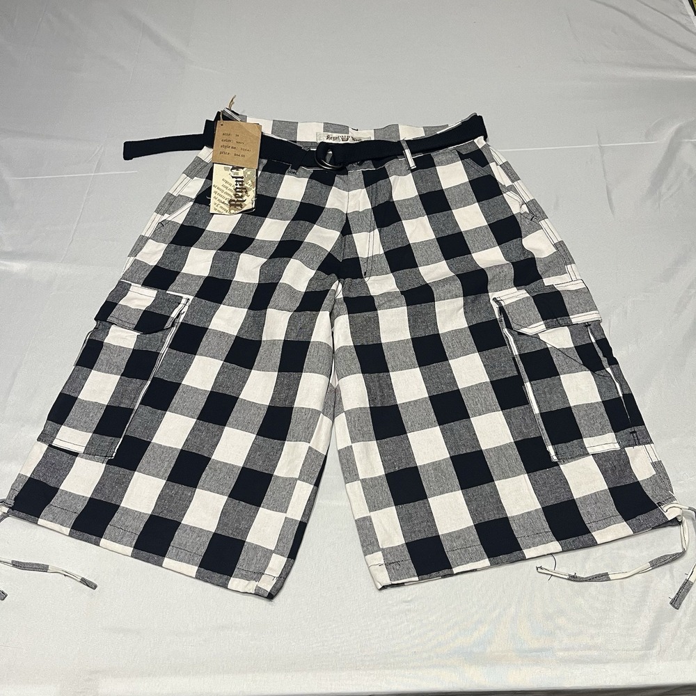 NWT Y2K Regal Wear Cargo Shorts Men 36 Navy White Plaid Baggy Long Skater